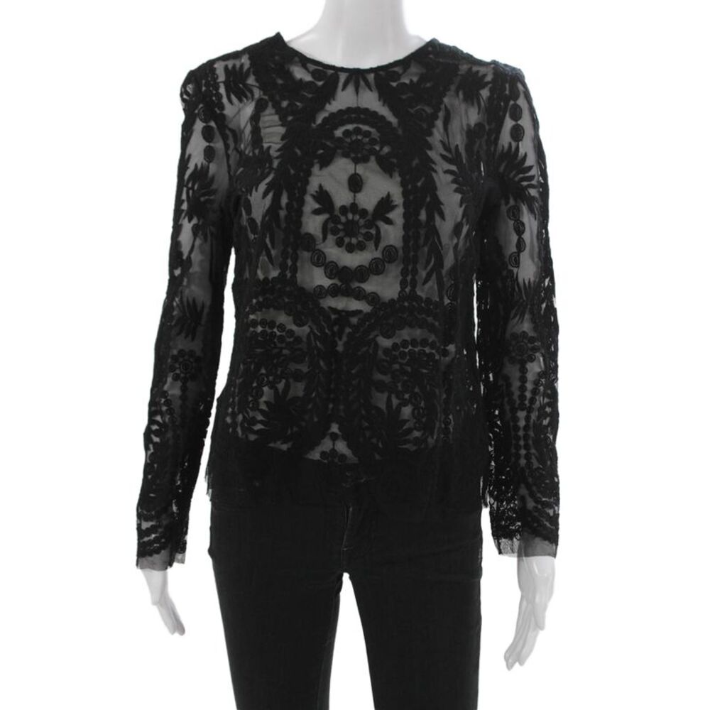 Mason Women Black Floral Cotton Blouse Round Neck Long Sleeve Button Size 6